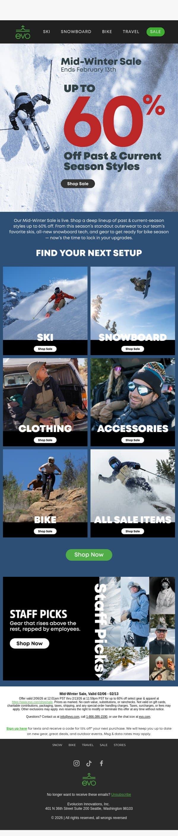 Mid-Winter Sale Is Live: Up to 60% Off email from Evo screenshot