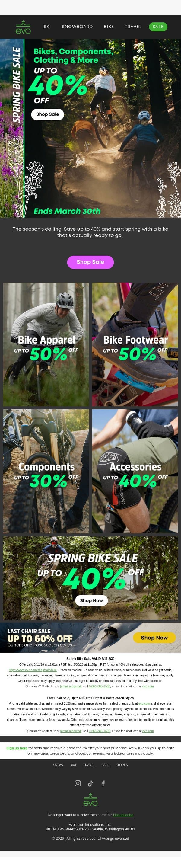 Up to 40% Off - Spring Bike Sale is On! 🚵‍♂️ email from Evo screenshot