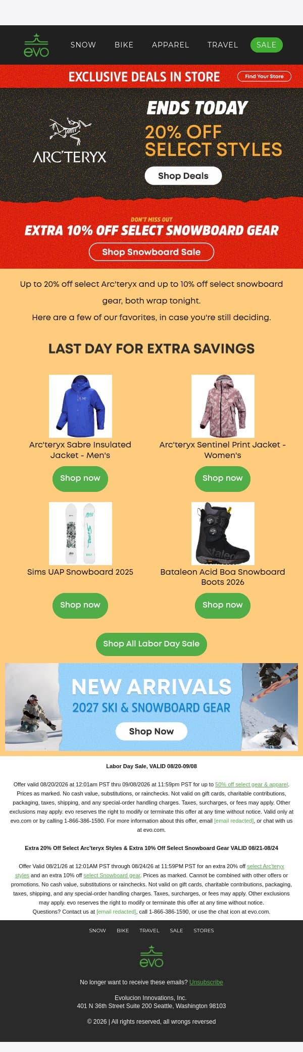 ⏳Final Day to Save on Select Arc'teryx and Snowboard Gear email from Evo screenshot