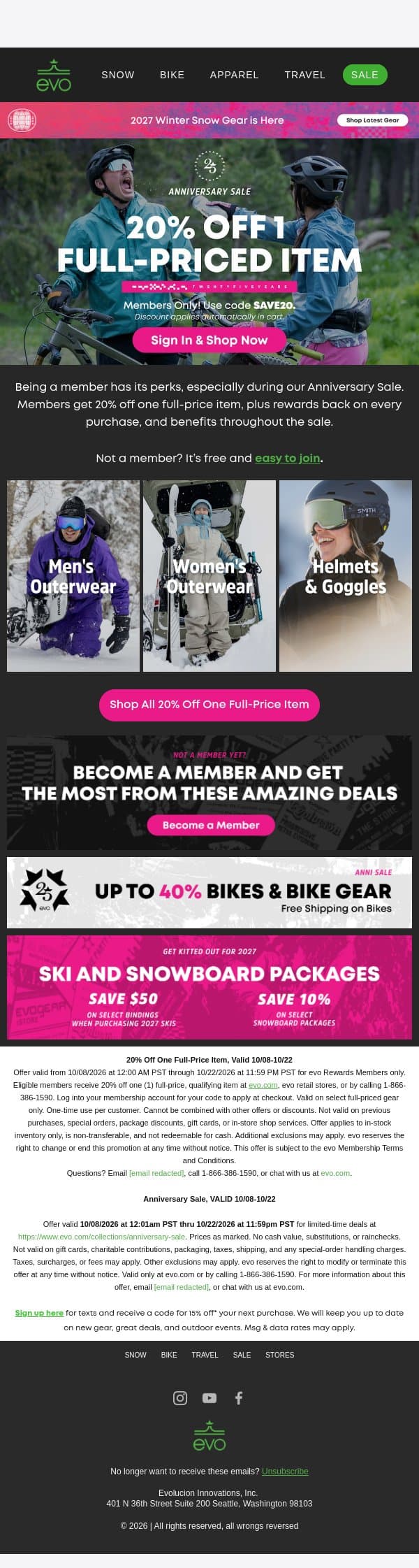 Exclusive Access: 20% Off One Full-Price Item email from Evo screenshot
