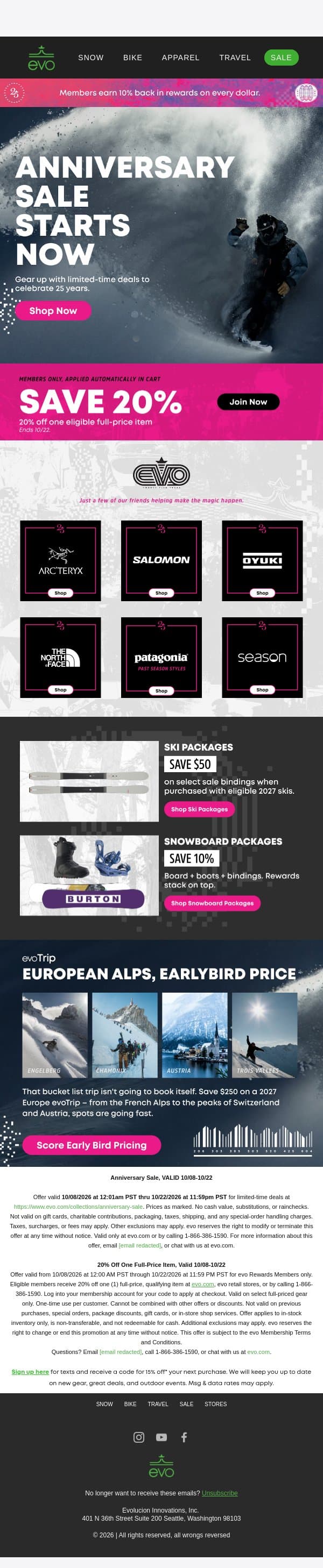 The Anniversary Sale Starts NOW email from Evo screenshot