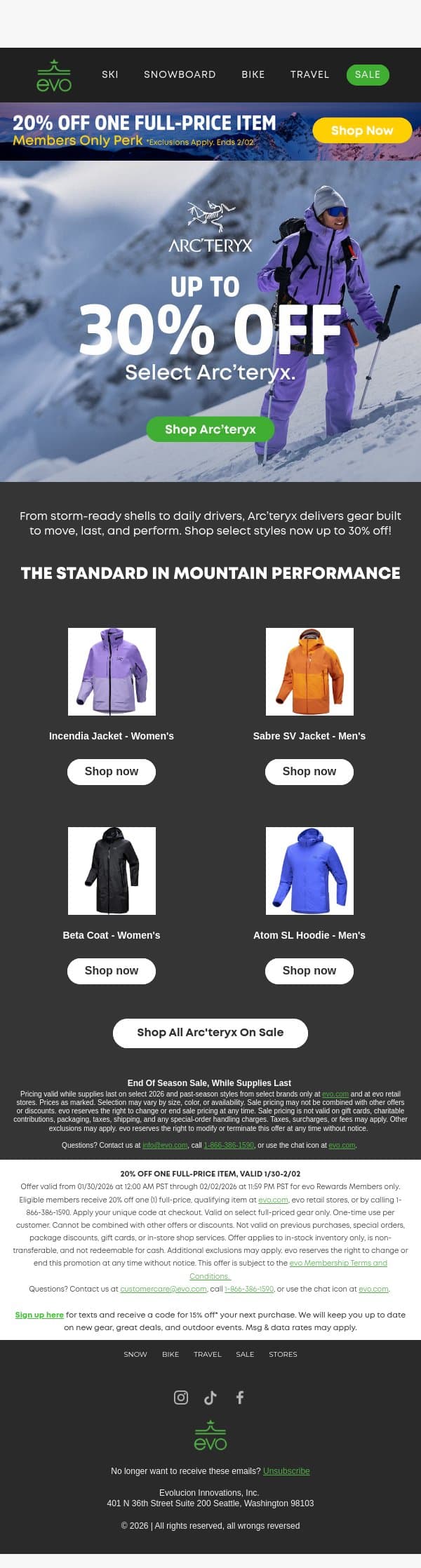 Arc’teryx - Now Up to 30% Off Select Styles email from Evo screenshot
