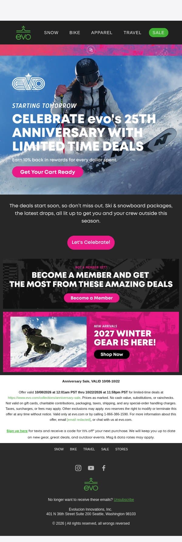 Our Anniversary Sale Starts Tomorrow 🎉 email from Evo screenshot