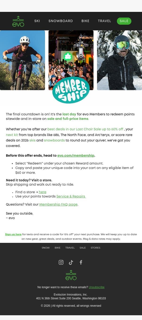 Last Day to Use Points on Sale & Full-Price Items email from Evo screenshot