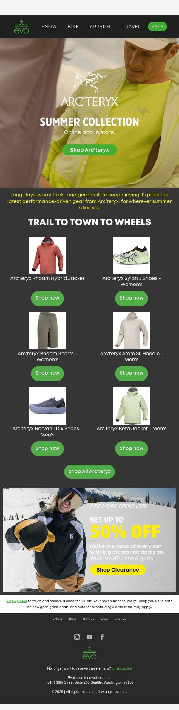 Arc'teryx for Every Summer Mission email from Evo screenshot
