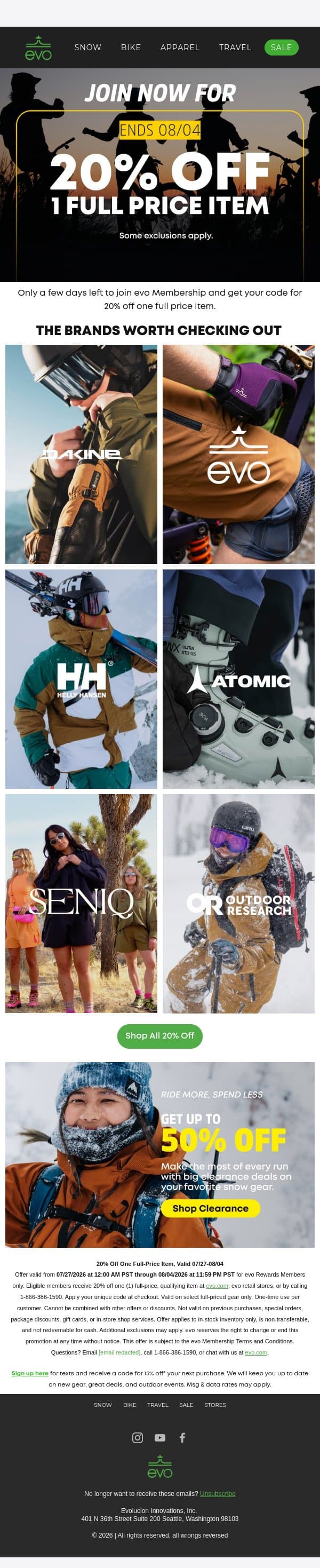 Join The Crew, Take 20% Off One Full Price Item email from Evo screenshot