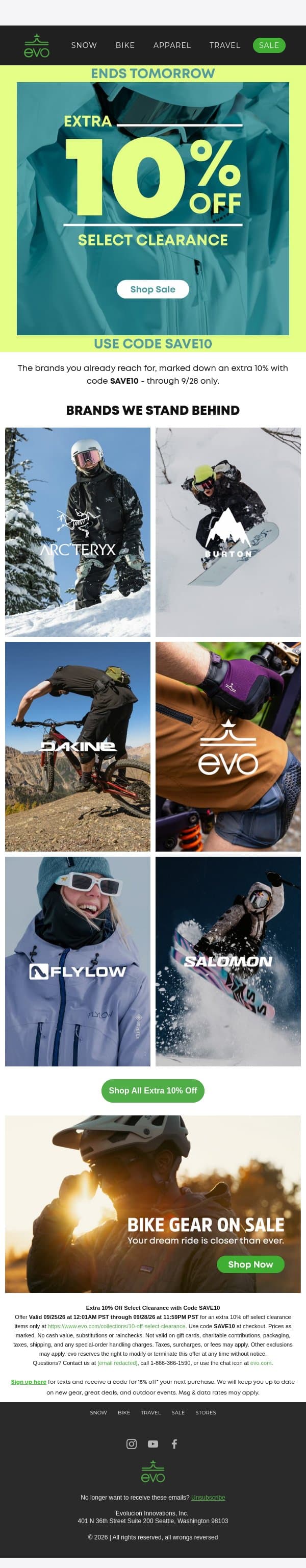 Extra 10% Off Select Clearance Ends Tomorrow email from Evo screenshot