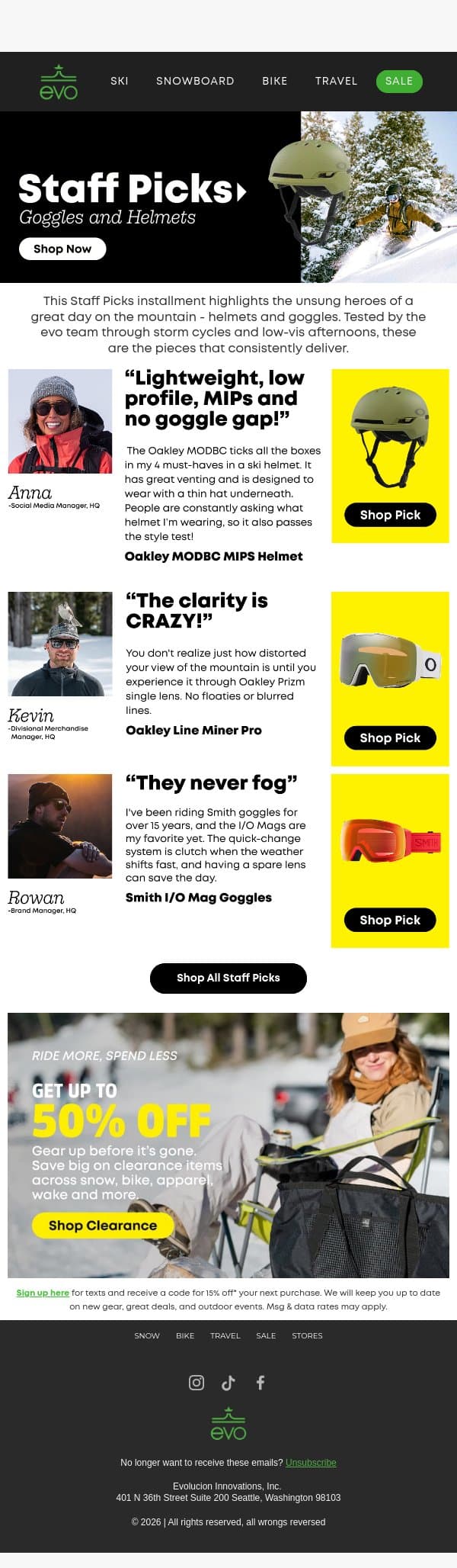 Staff Picks Vol. 3: Helmets & Goggles We Trust email from Evo screenshot