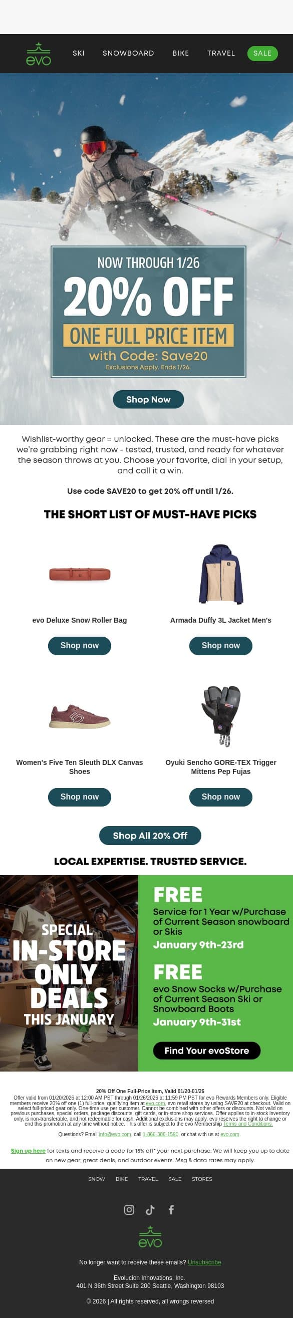 Don’t Miss It: 20% Off 1 Full-Price Item email from Evo screenshot
