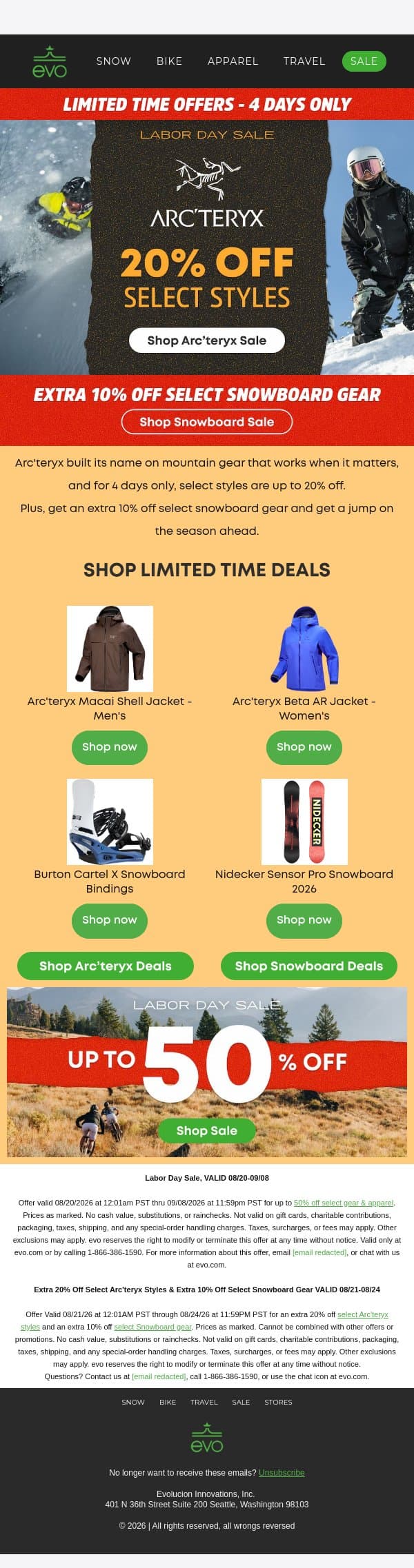 4 Days Only: 20% Off Select Arc'teryx Styles and an Extra 10% Off Select Snowboard Gear email from Evo screenshot