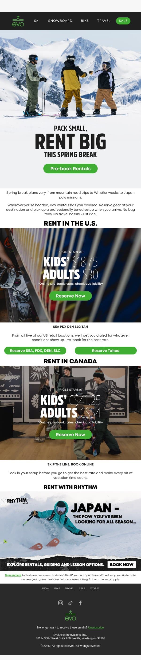 Spring Break Rentals’ Destination 🇺🇸 🇨🇦 🇯🇵 email from Evo screenshot