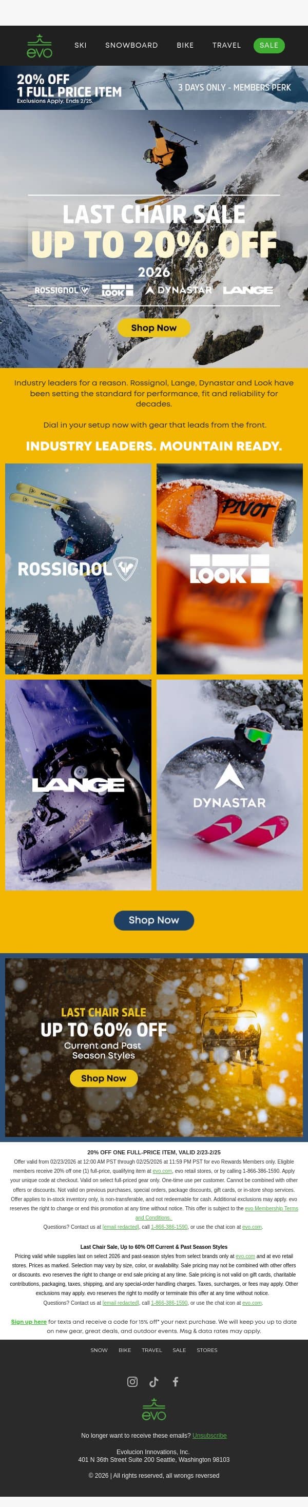 Get Up to 20% Off 2026 Rossignol, Lange, Dynastar & Look email from Evo screenshot