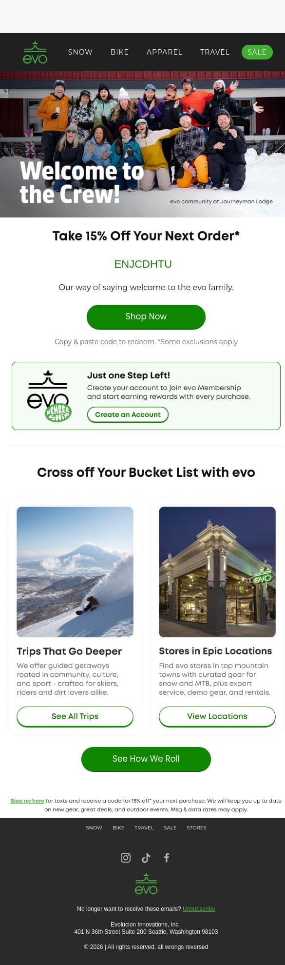 Enjoy 15% Off - Your evo Journey Starts Here email from Evo screenshot