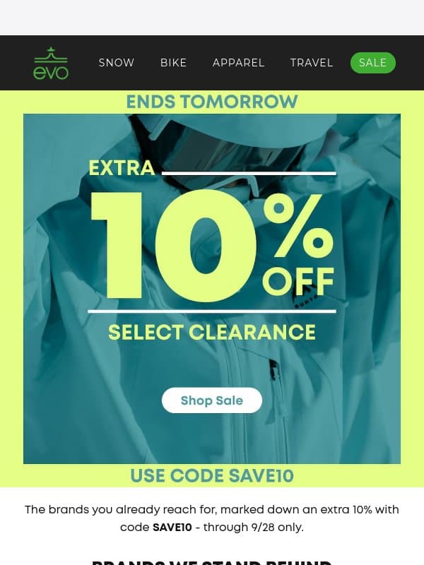 Extra 10% Off Select Clearance Ends Tomorrow email from Evo