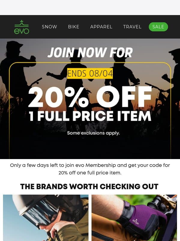 Join The Crew, Take 20% Off One Full Price Item email from Evo