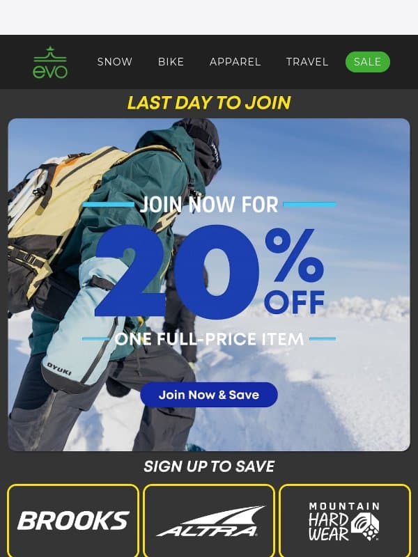 Ends Today: 20% Off 1 Full-Price Item ⏰ email from Evo