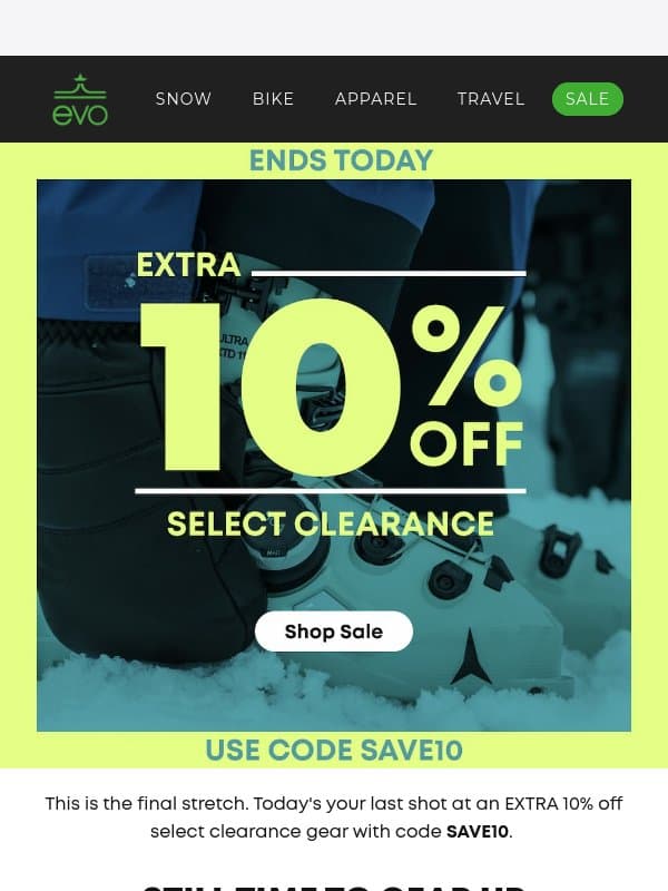 🚨Last Day: Extra 10% Off Select Clearance email from Evo