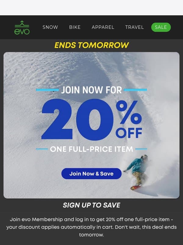 20% Off 1 Full-Price Item Ends Tomorrow email from Evo