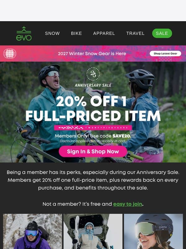 Exclusive Access: 20% Off One Full-Price Item email from Evo