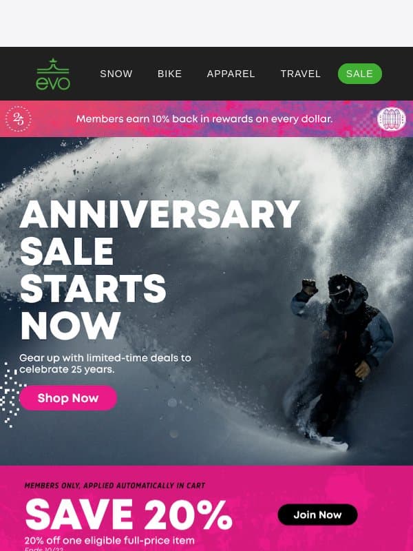 The Anniversary Sale Starts NOW email from Evo