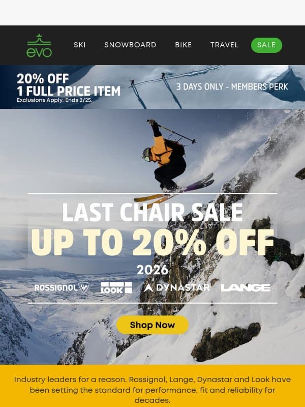 Get Up to 20% Off 2026 Rossignol, Lange, Dynastar & Look email from Evo