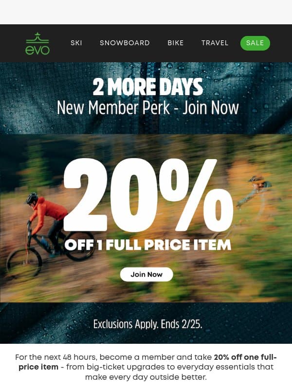 Join & Take 20% Off One Full-Price Item email from Evo