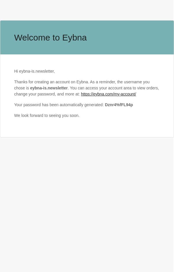 Your Eybna account has been created! email from Eybna screenshot