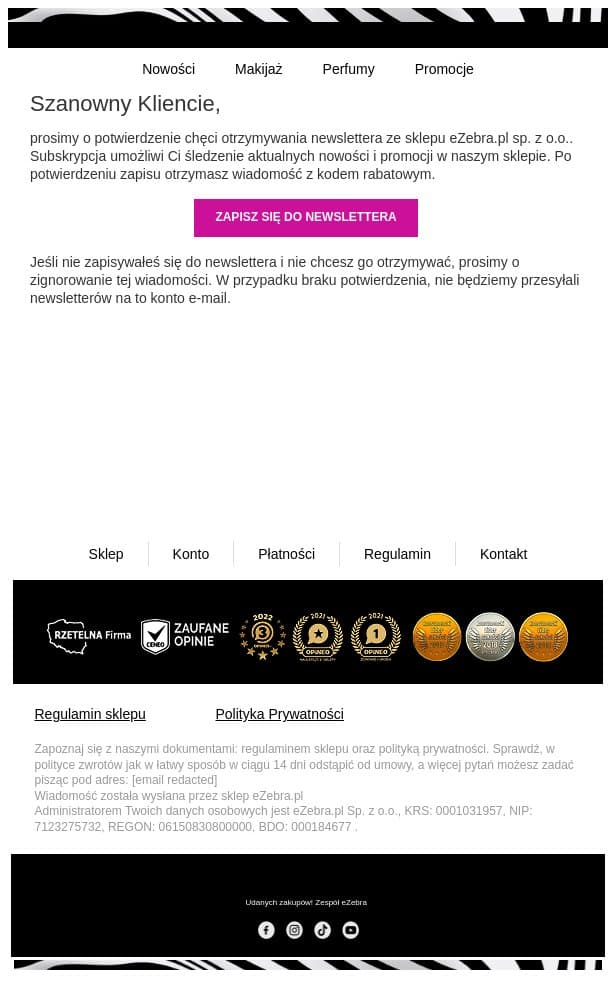 eZebra.pl sp. z o.o. - Dodanie adresu e-mail do newslettera email from eZebra screenshot