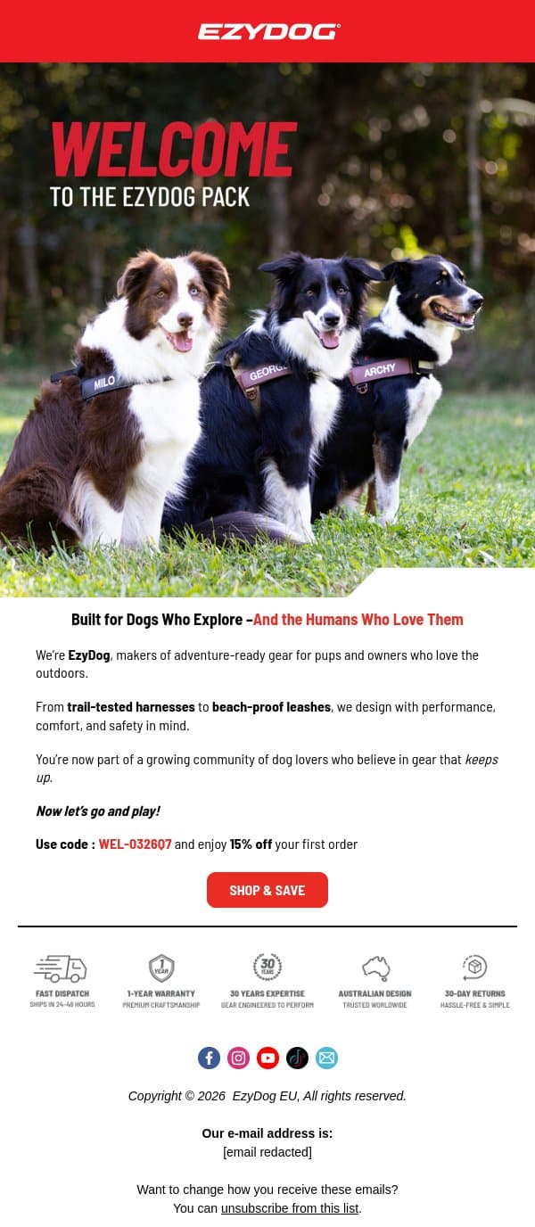 Welcome to EzyDog – Let’s go play 🐾 email from EzyDog screenshot