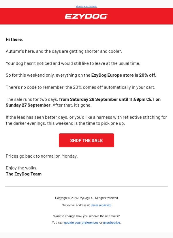 This weekend only: 20% off everything email from EzyDog screenshot