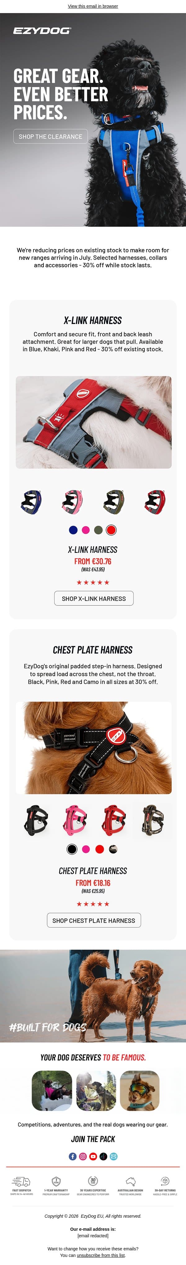 Great gear. Even better prices. 30% off now. email from EzyDog screenshot