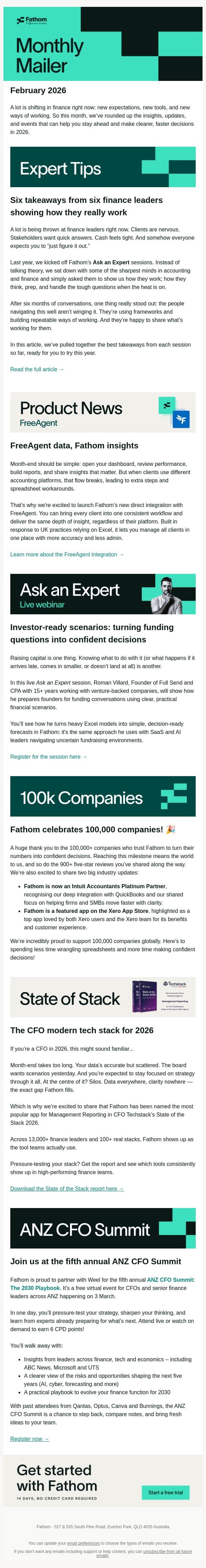 [Monthly Mailer] Expert tips from finance leaders, the latest industry news and upcoming events email from Fathom screenshot