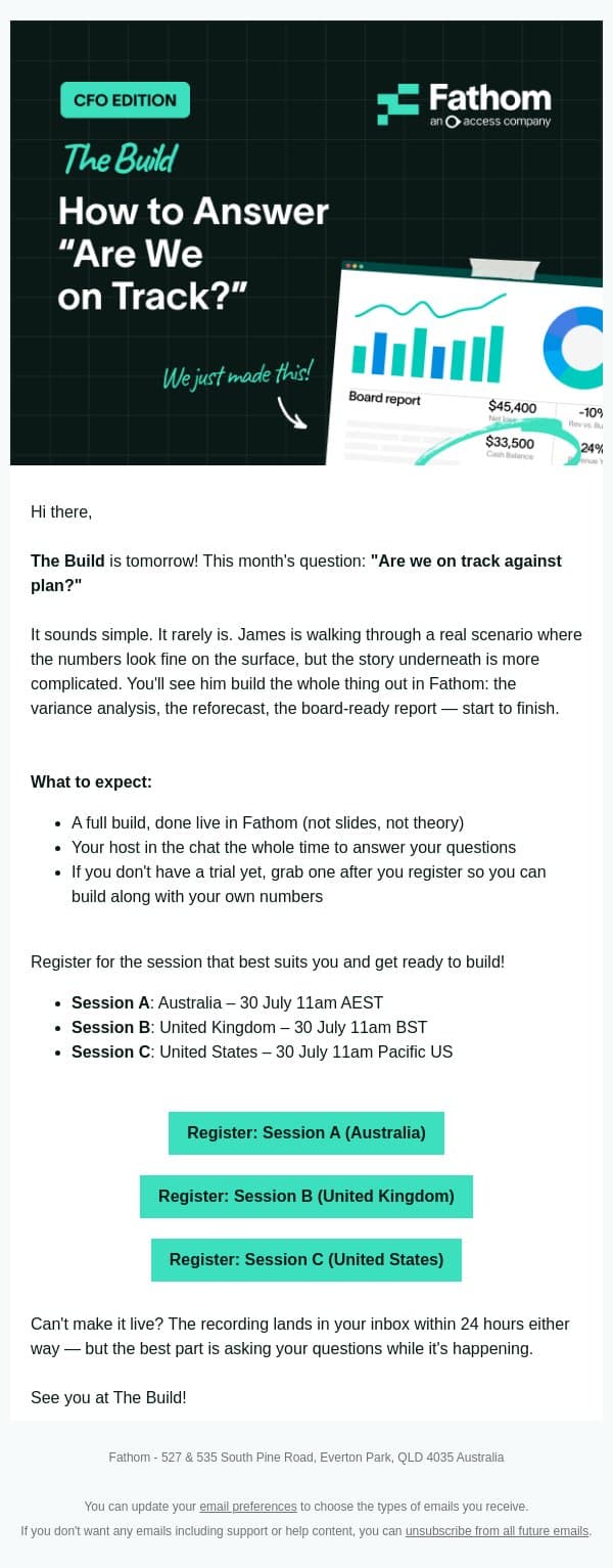 The Build is tomorrow — bring your own numbers email from Fathom screenshot