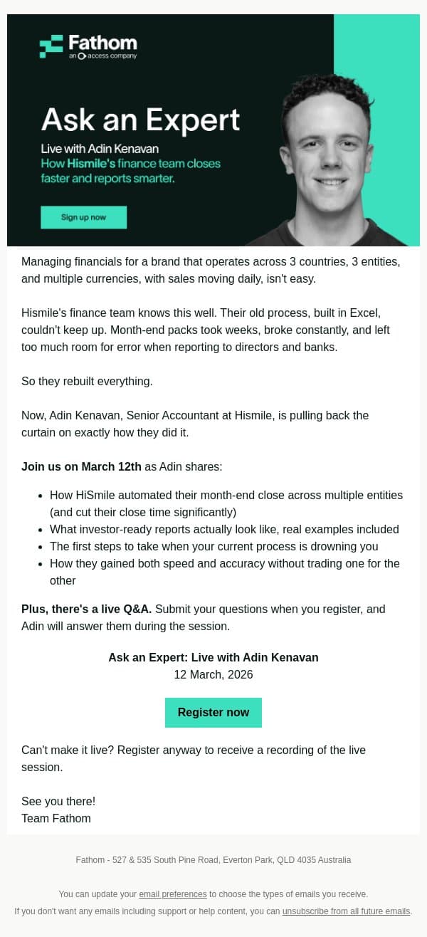 Inside Hismile's reporting process email from Fathom screenshot