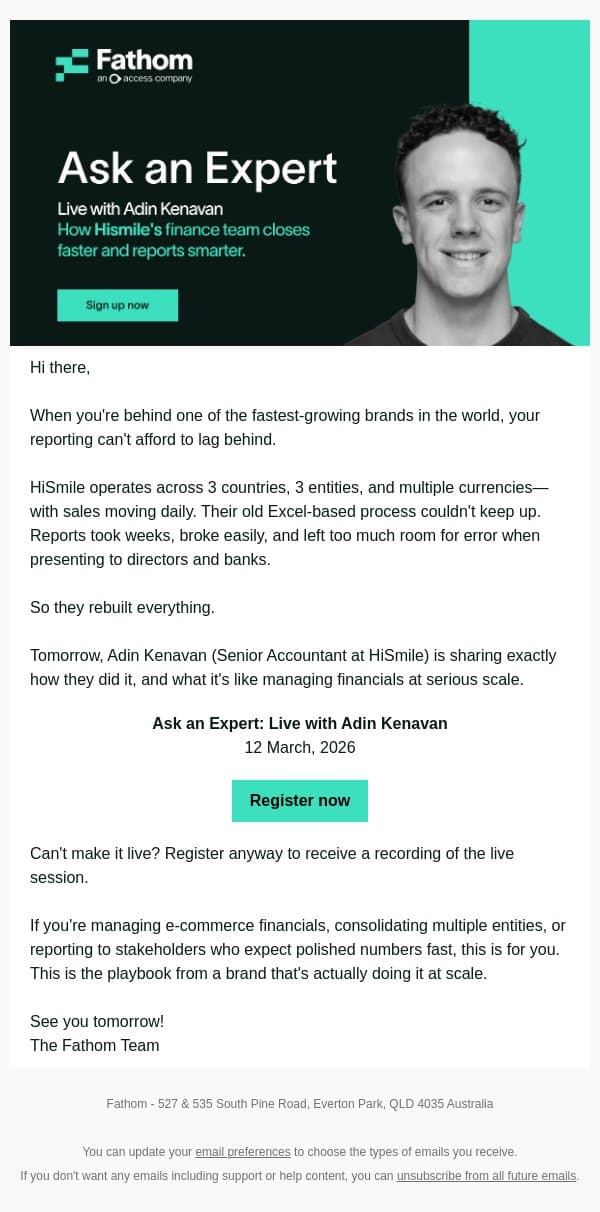 Tomorrow: How HiSmile reports to investors (live session) email from Fathom screenshot