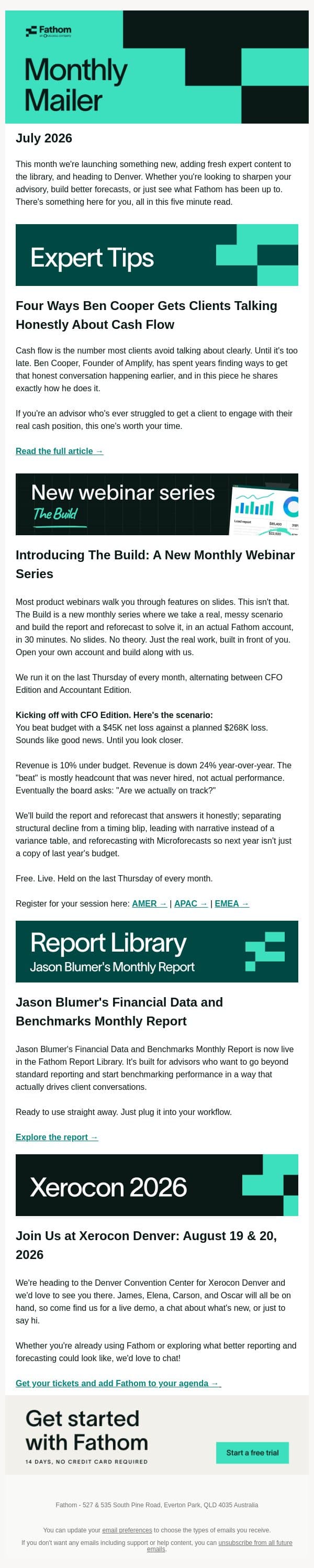 New webinar series, new report, and a cash flow read worth your time email from Fathom screenshot