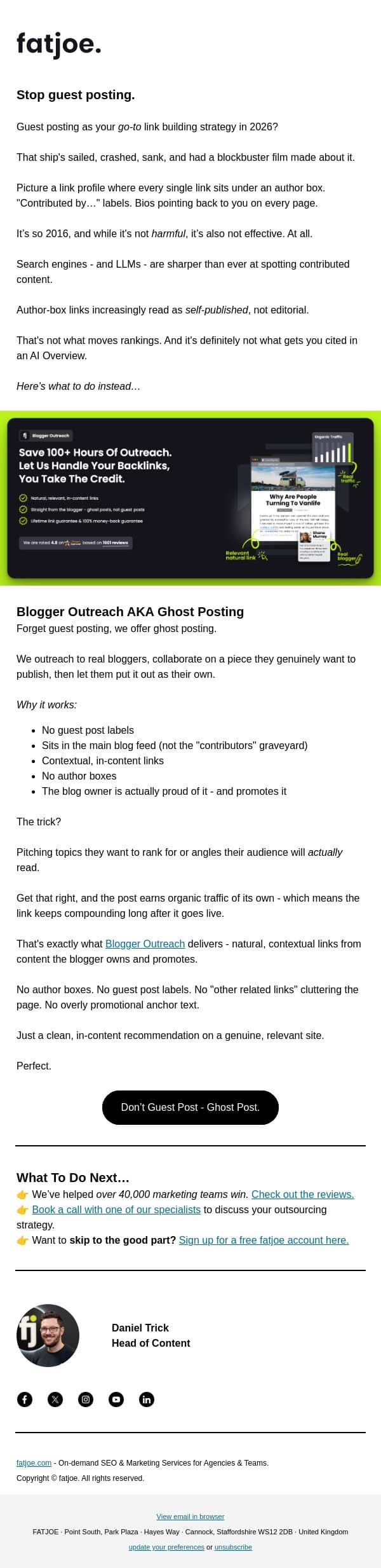 Stop guest posting. email from FATJOE screenshot