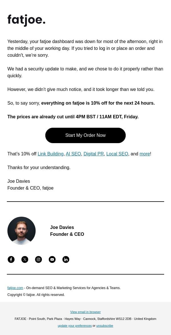 Sorry about yesterday (here's 10% off for 24h) email from FATJOE screenshot