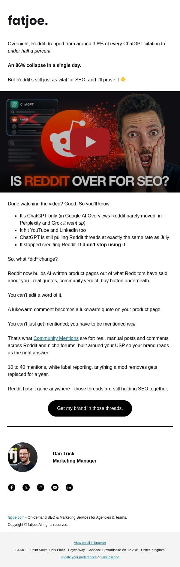 ChatGPT just dropped Reddit by 86% email from FATJOE screenshot