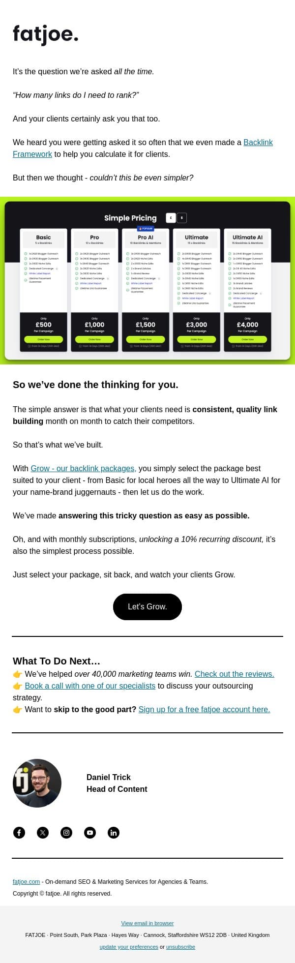 How many links do I really need to rank? email from FATJOE screenshot