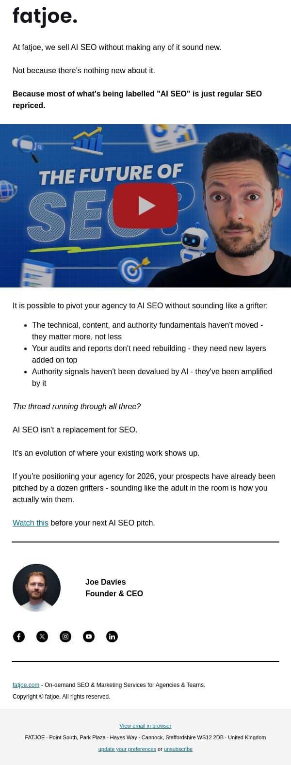 Most "AI SEO" is just SEO with a price hike. email from FATJOE screenshot