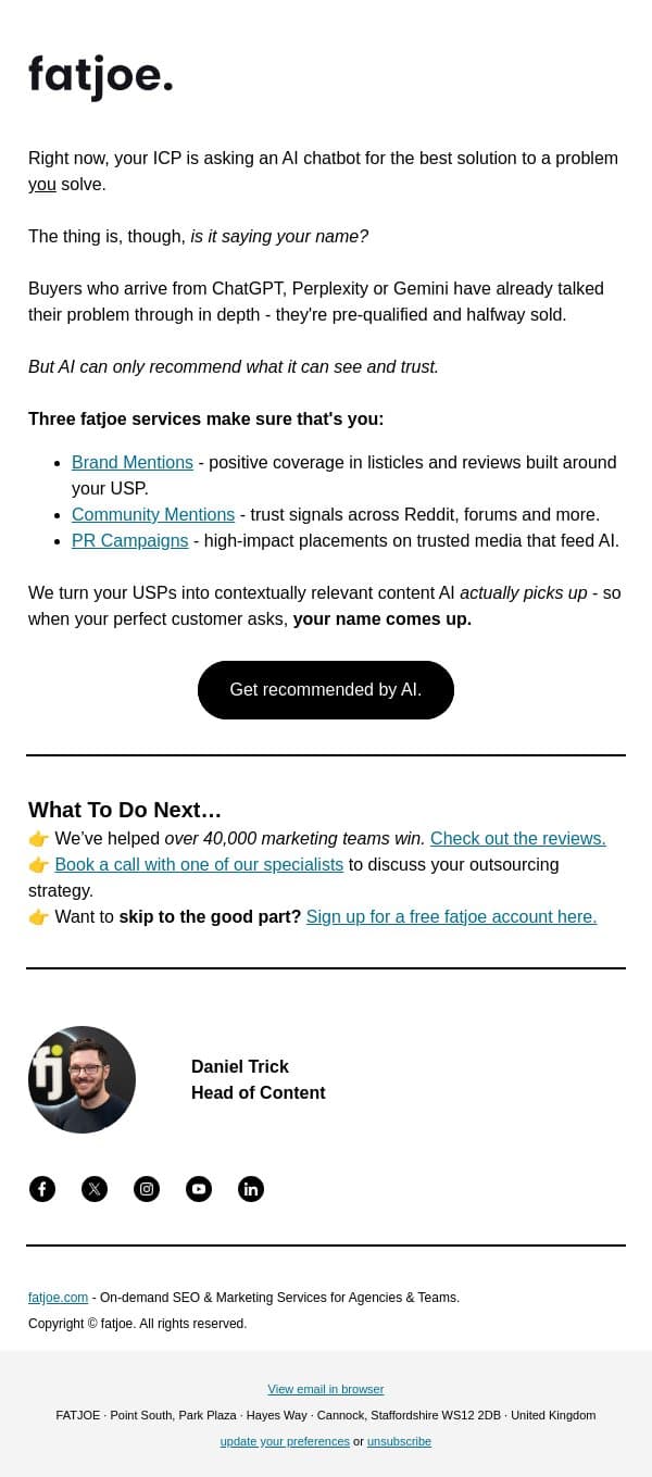 Right now, AI is recommending someone else. email from FATJOE screenshot