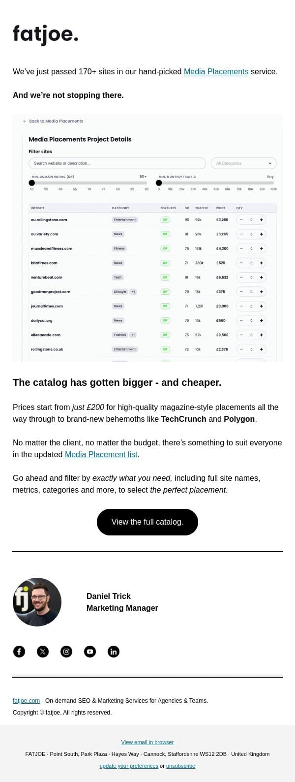 New sites. New prices. email from FATJOE screenshot