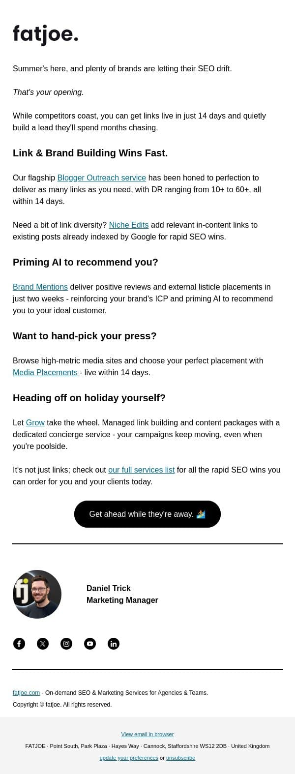 Is your SEO on summer holiday? email from FATJOE screenshot