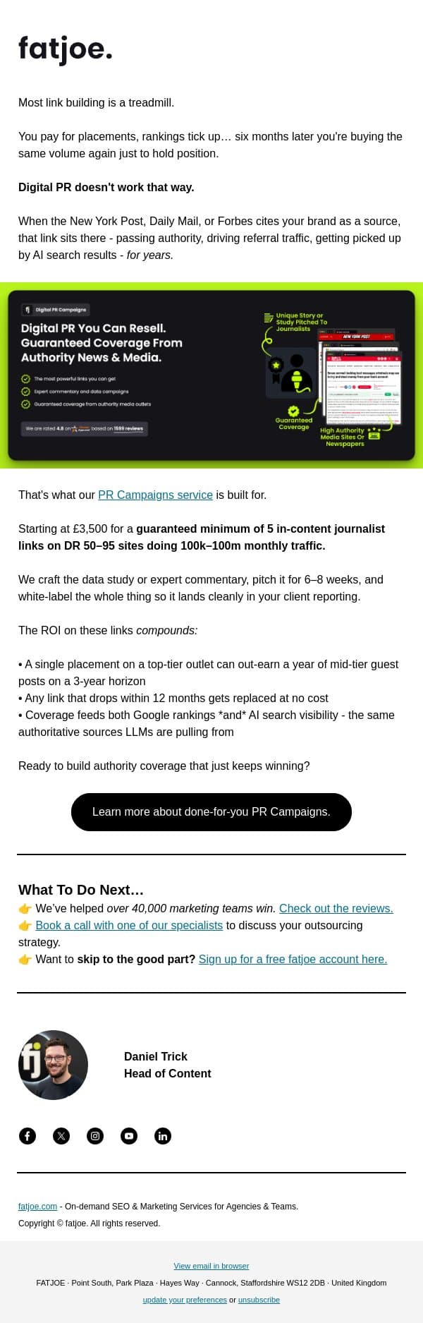 One PR campaign. Years of compounding authority. email from FATJOE screenshot