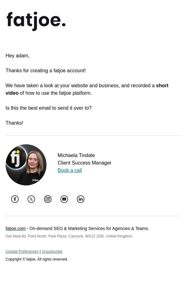 Hey adam, your personalized fatjoe video is ready! email from FATJOE screenshot