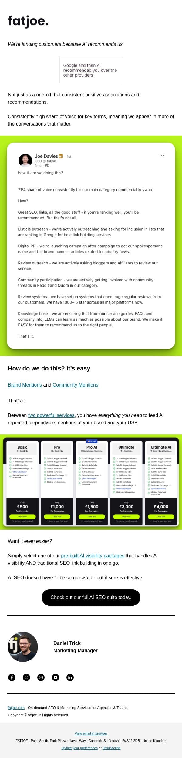AI loves recommending us. email from FATJOE screenshot