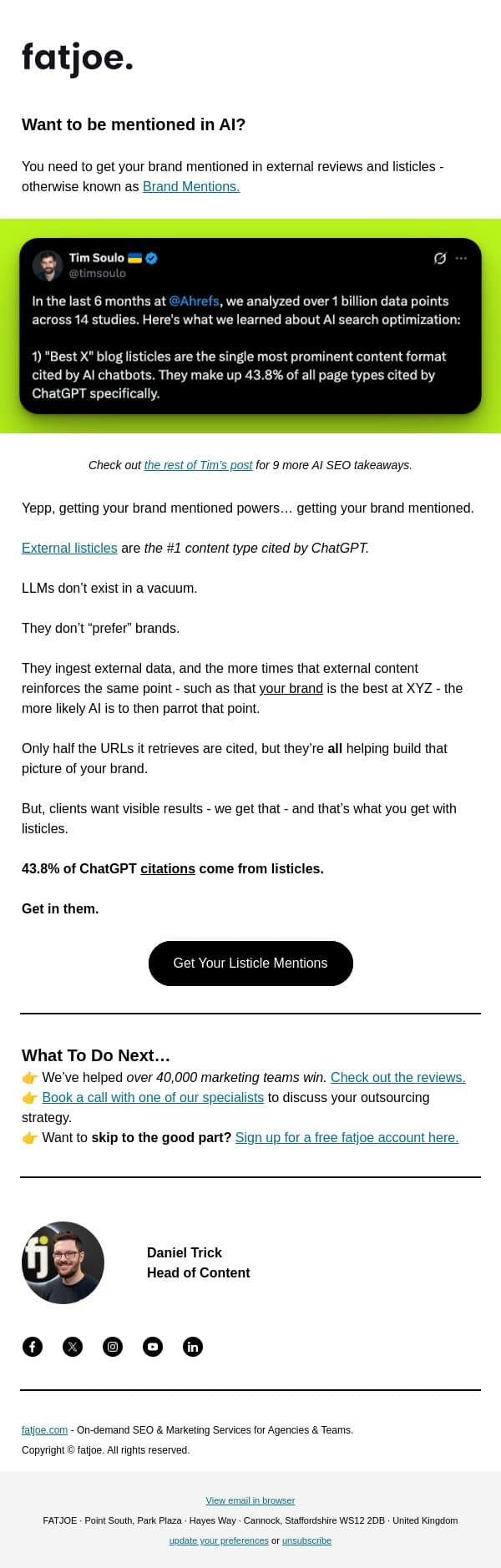 To get mentioned you need to... get mentioned. email from FATJOE screenshot