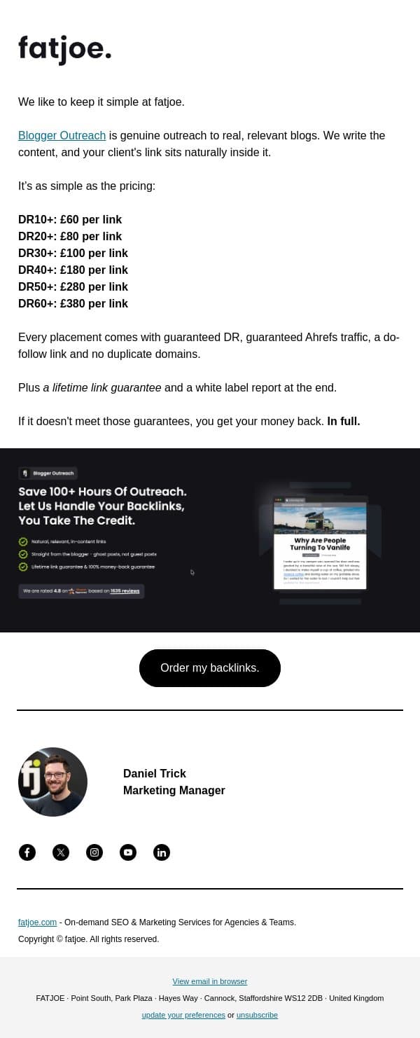 Relevant backlinks from £60 email from FATJOE screenshot