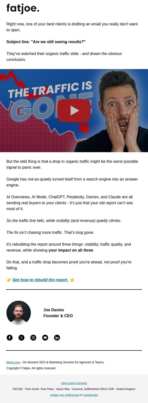 Your SEO reports are lying to your clients. email from FATJOE screenshot